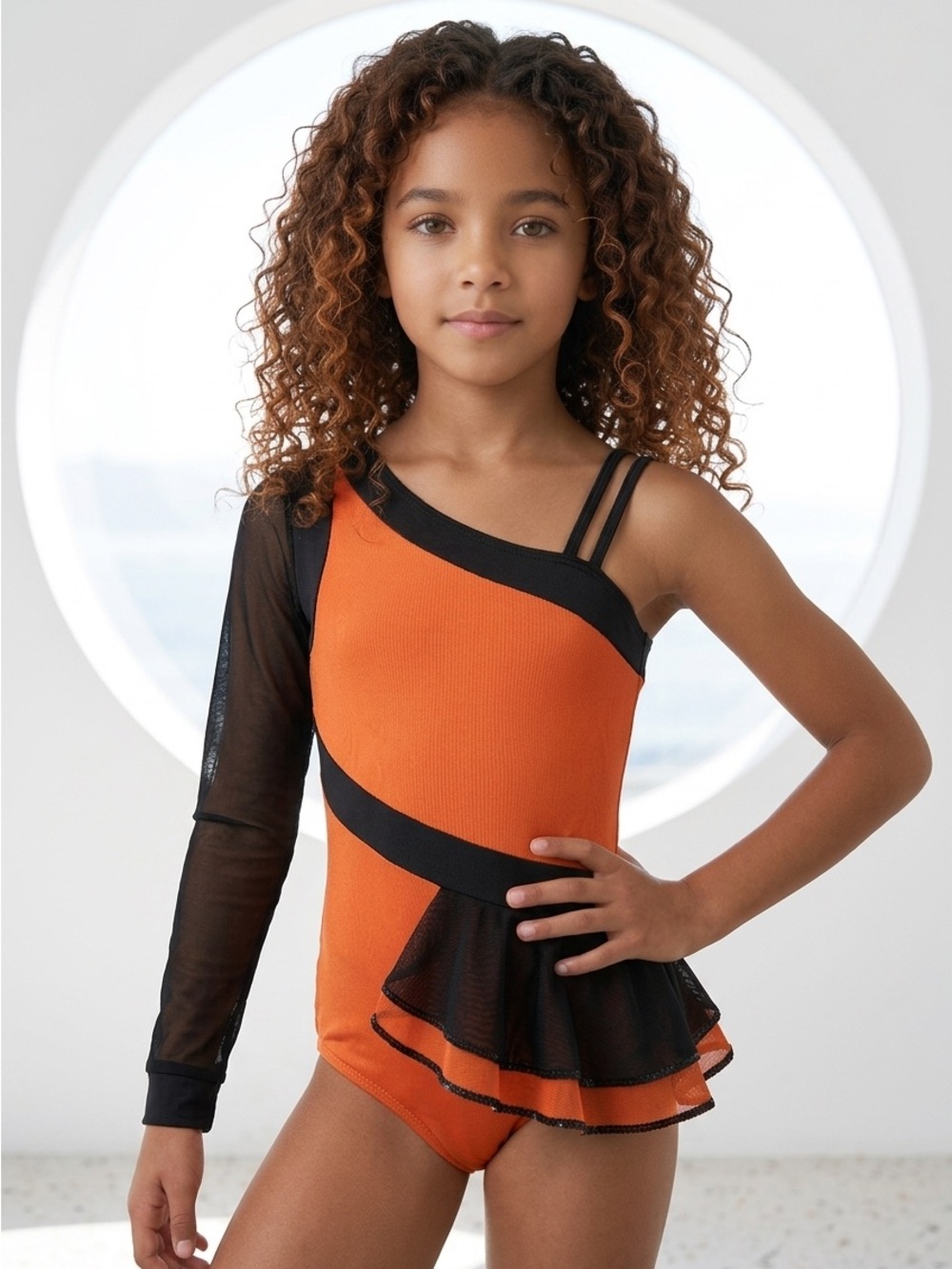 Stage Boutique Girls Stylish Orange Black Dance Performance Leotard Costume TuTu